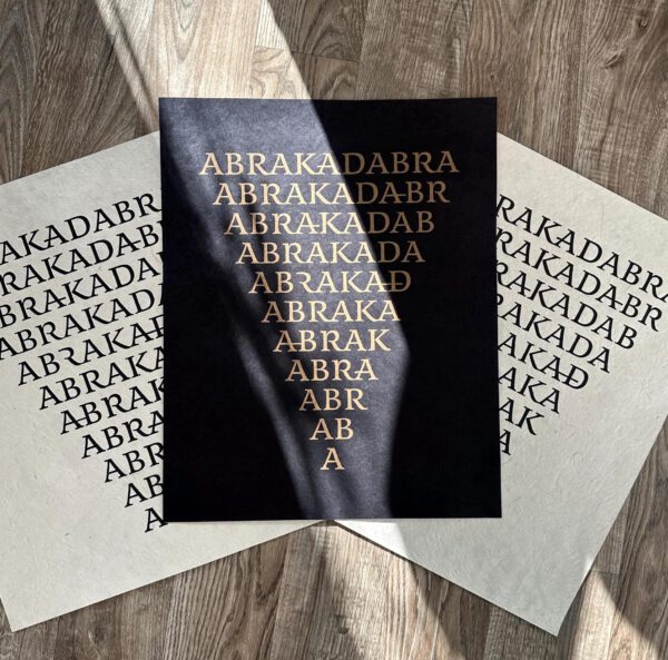 Abrakadabra Linoldruck 30 x 40 cm Gold auf Schwarz 8