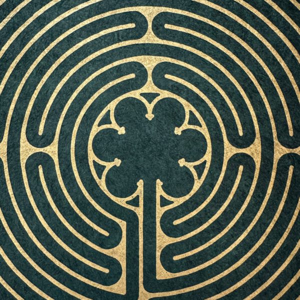 Labyrinth von Chartres Linoldruck 40 x 40 cm Gold auf Gruen 3