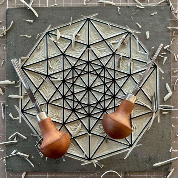 Linoldruck, 22 x 22 cm, Gold auf Schwarz