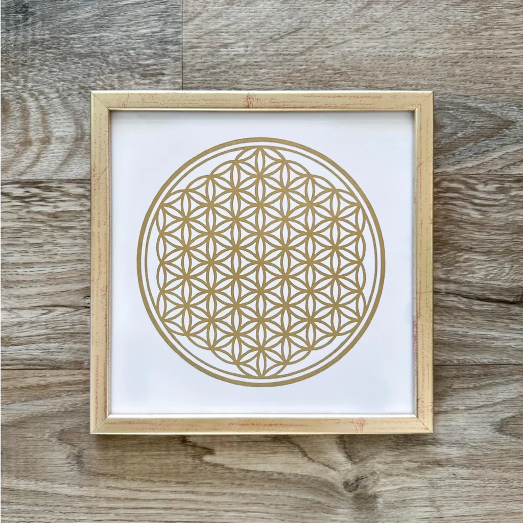 Gerahmte Blume des Lebens II Gold Weiss Heilige Geometrie Linoldruck Veskor Cassiopeia 9
