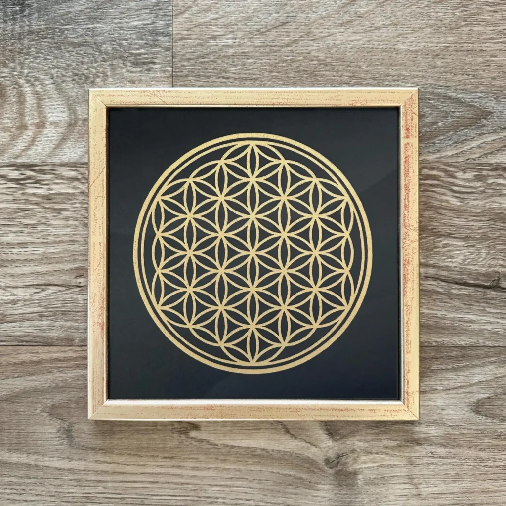 Gerahmte Blume des Lebens I Gold Schwarz Heilige Geometrie Linoldruck Veskor Cassiopeia 15