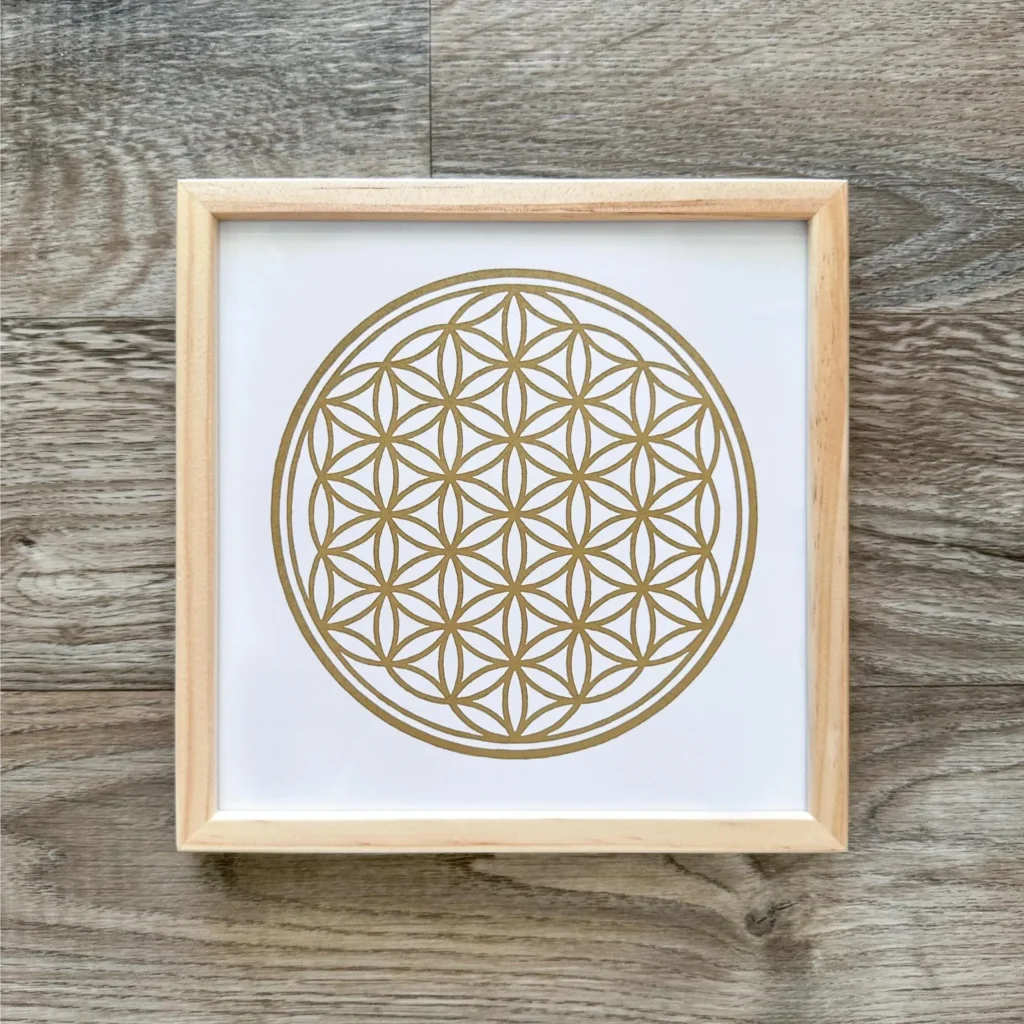 Gerahmte Blume des Lebens I Gold Weiss Heilige Geometrie Linoldruck Veskor Cassiopeia 15