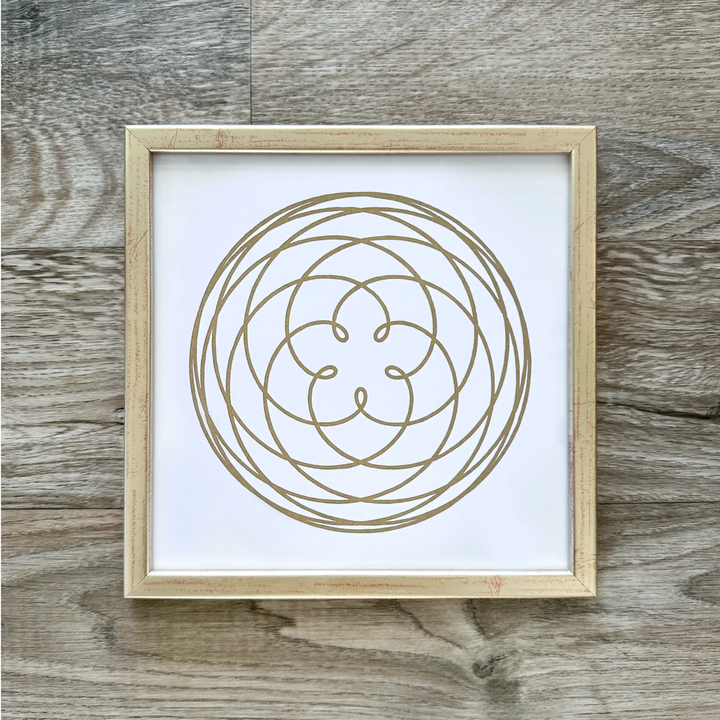 Veskor Cassiopeia_Gerahmter Linoldruck_Rose of Venus_20 x 20 cm_Gold auf Weiß_13 Rose of Venus – gerahmt – Bild 1